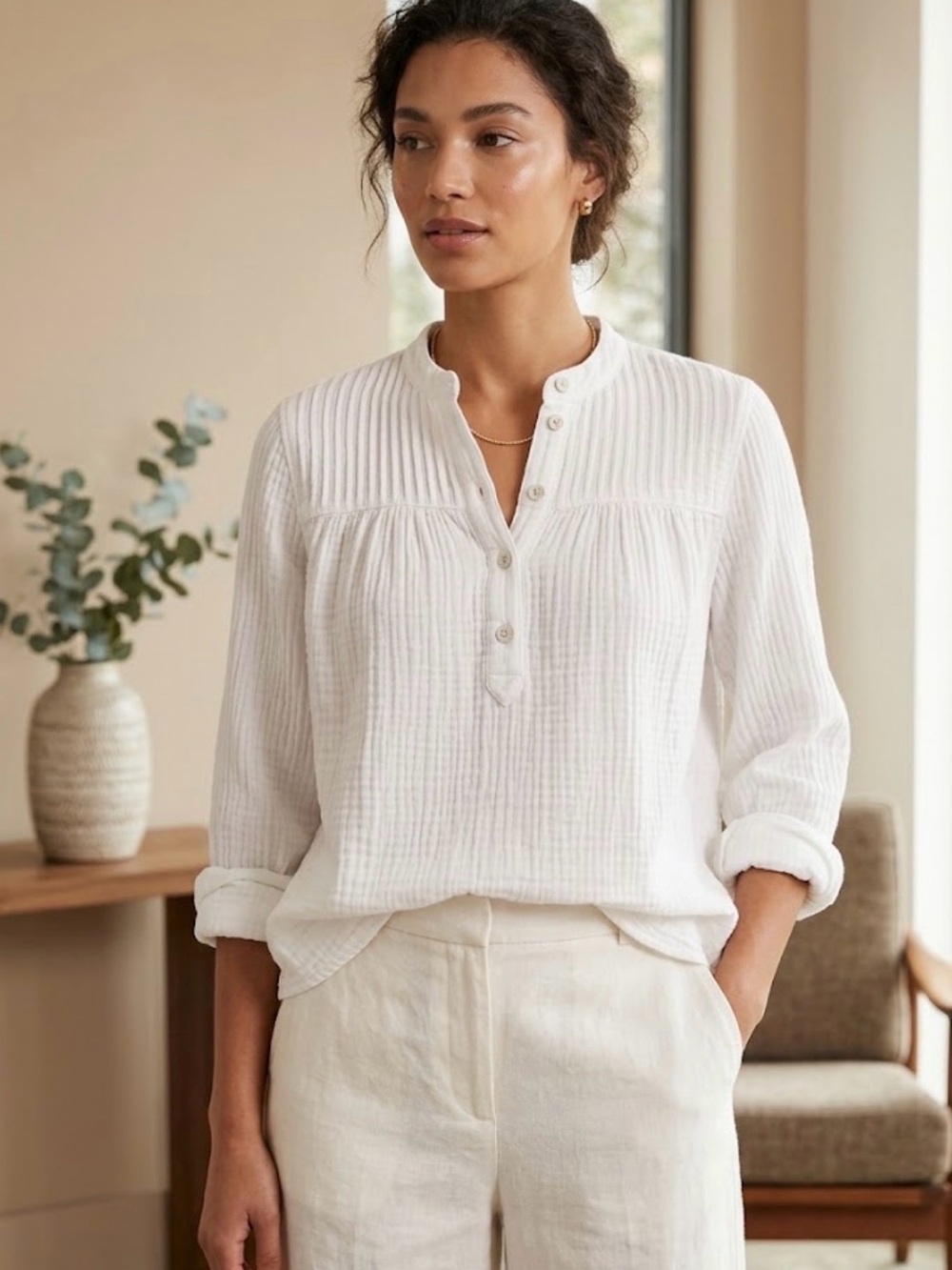 J.Crew White Cotton Gauze Henley Shirt Size L Long Sleeve Band Collar Boho Top